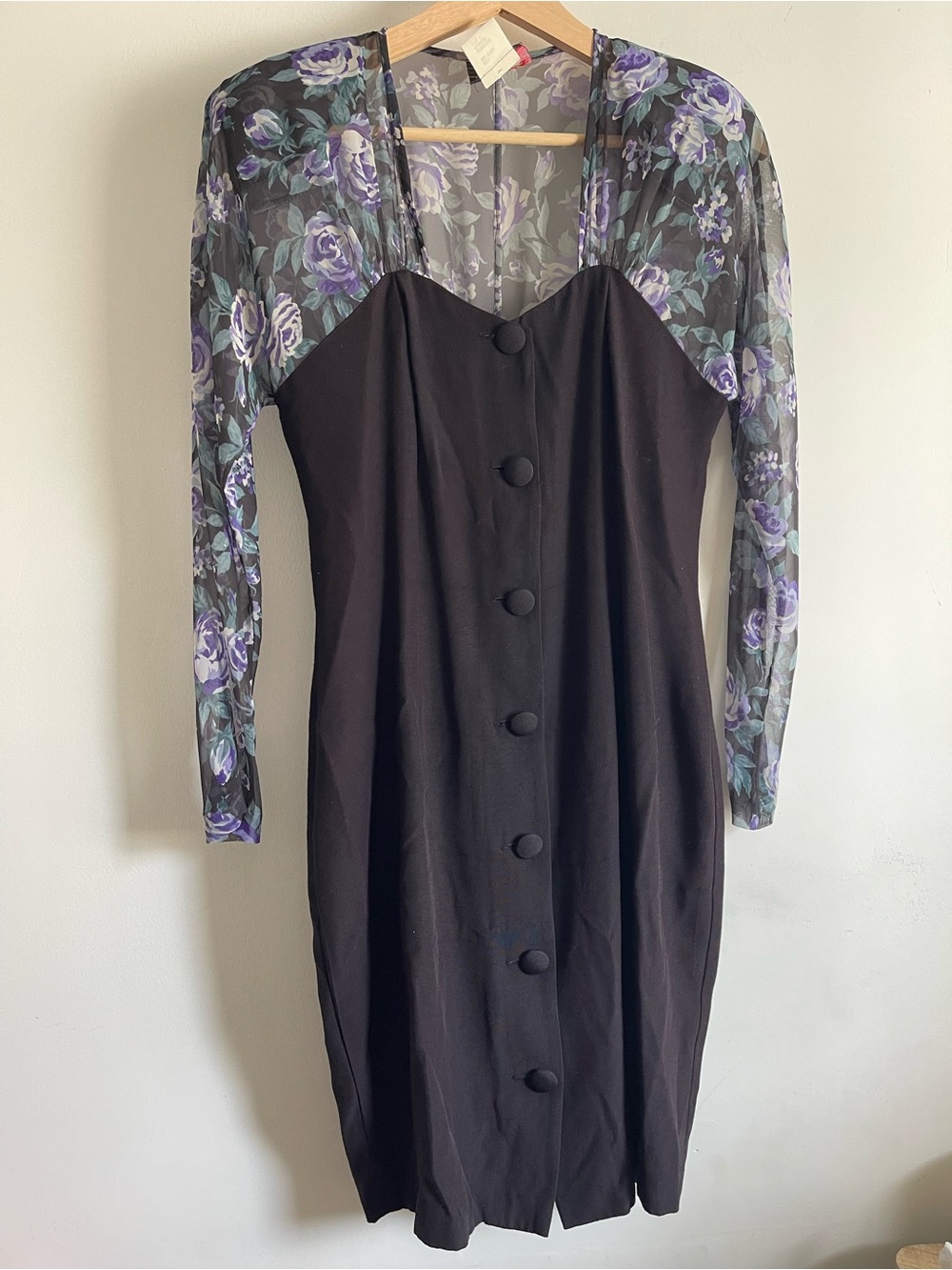 VTG 90s Hearts Sheer Floral Mesh Long Sleeve Bodycon Wiggle Dress Black Purple S